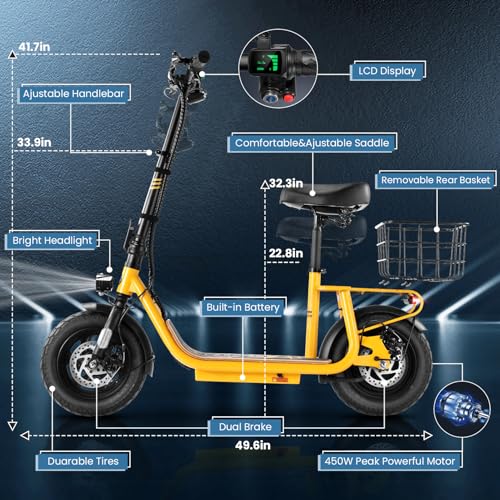 Caroma Peak 800W/1200W Electric Scooter Adults, 30 Miles Max Range, Foldable Electric Scooter with Seat, Front Suspension, Detachable Large Basket,Commuter E-Scooter for Adult and Teens