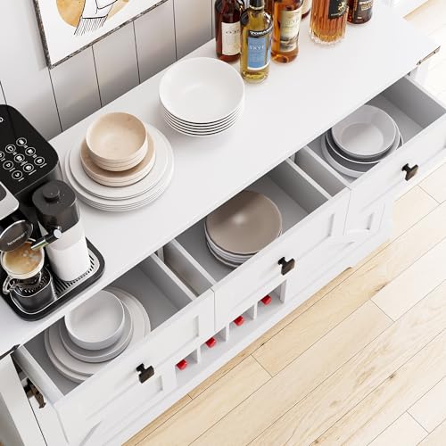 IDEALHOUSE Buffet Cabinet with Storage, 54" Farmhouse Coffee Bar Cabinet with 3 Drawers & Sliding Barn Door, Wine Cabinet with Wine and Glass Rack for Kitchen, Dining Room, White