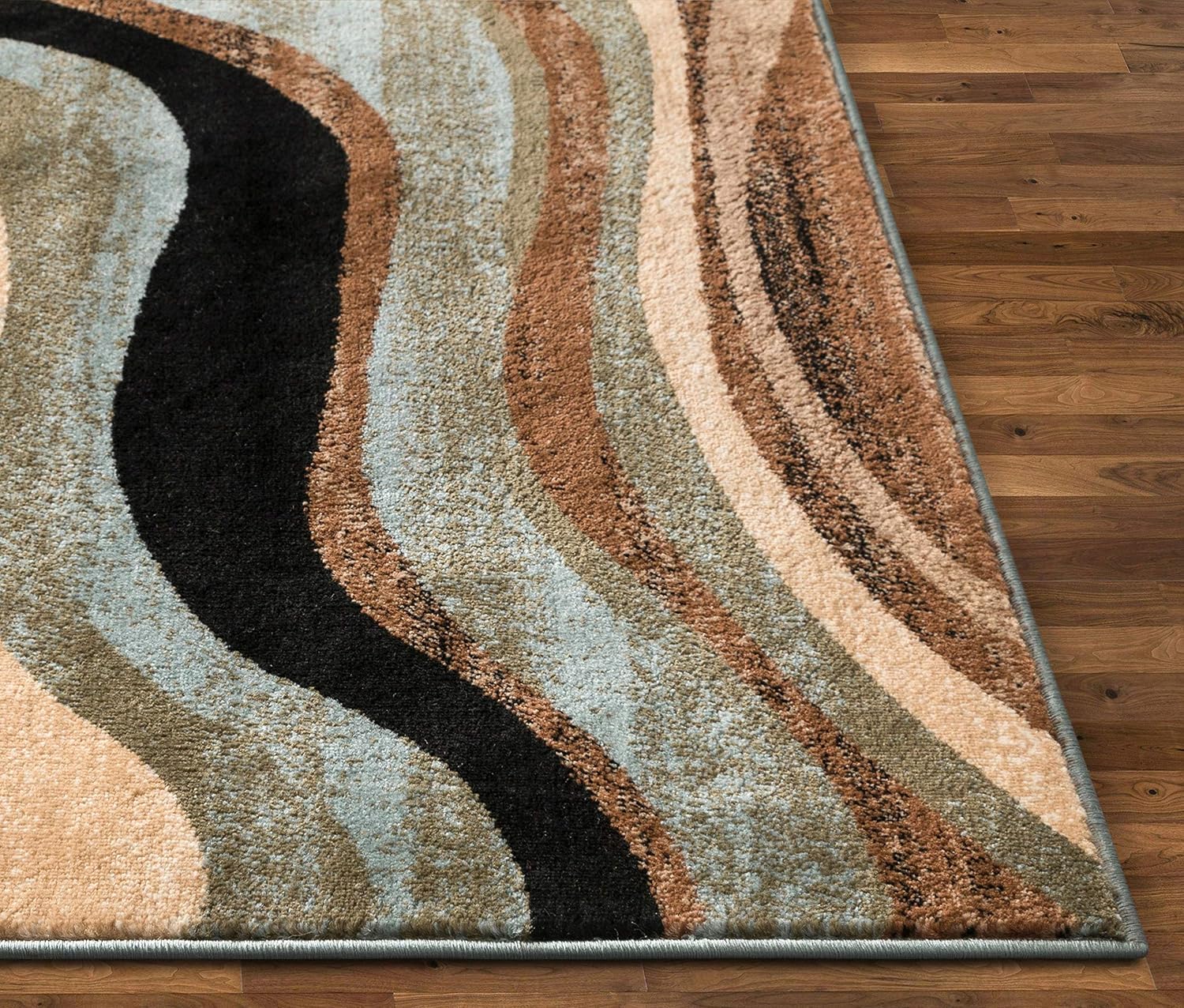 Hudson Waves Blue Brown Geometric Modern Casual Area Rug 8x10 8x11 ( 7'10" x 9'10" ) Easy to Clean Stain Fade Resistant Shed Free Abstract Contemporary Natural Lines Multi Soft Living Dining Room Rug