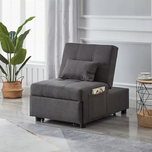 Recliner Chair, Futon Ottoman Sofa Bed with Adjustable Backrest, Modern Linen Upholstered Sleeper Sofa Couch with 1 Pillow and Side Pocket for Living Room Bedroom Apartment Office, Grey