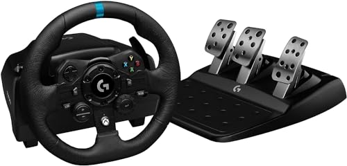 Logitech G923 Racing Wheel and Pedals, TRUEFORCE up to 1000 Hz Force Feedback, Gaming Steering Wheel PS5, PS4, PC, Mac, Genuine Leather- Black