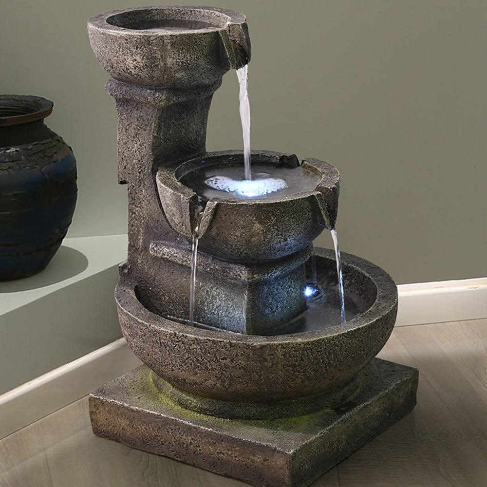 Outdoor Cascading Waterfall Fountain w/LED Light Home Water Fountain - Polyresin - Floor/Lighted - Grey