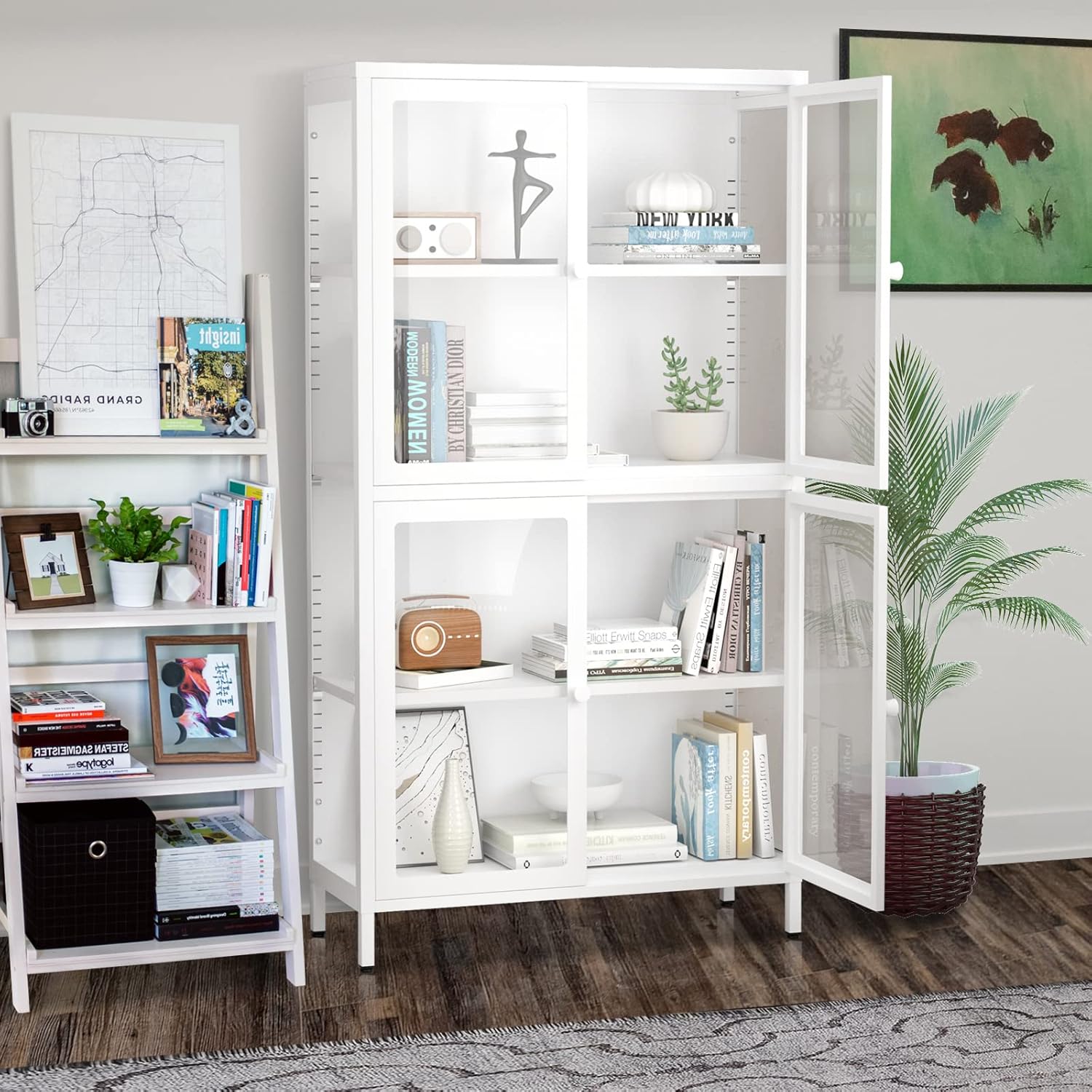Tempered Glass Storage Cabinet,4-Door Glass Display Cupboard,Tall Corner Cabinet Sideboard Bookcase w/Adjustable Shelves,Steel Frame,Sideboard Storage Furniture for Living Room Entryway (4-Door,White)