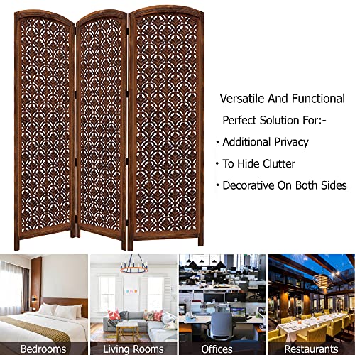 Room Divider Wood Screen - Ghanti Bells Antique Brown - 4 Panel Folding 72 x 80 - Assembled Hand Carved Decorative Functional Versatile Portable Partition Reversible Privacy Boho - COTTON CRAFT
