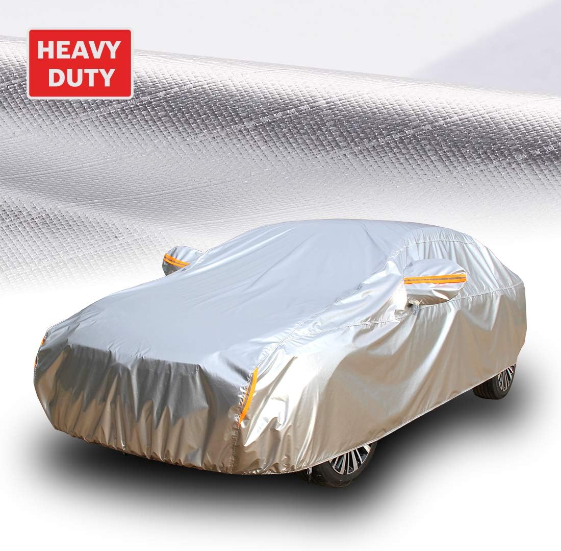 Tecoom Super Heavy Duty Multiple Layers Car Cover All Weather Waterproof Windproof Snow Sun Rain Protective with Buckles & Belt,Without Mirror Pockets Fit 150-178 Length Coupe/Convertible/Sport Car