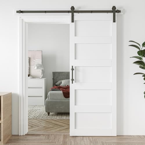 34in x 84in Sliding Barn Door with 6ft Barn Door Hardware Kit & Handle, Pre-Drilled Holes Easy Assembly -Solid Barn Door Slab Covered with Water-Proof PVC Surface, White, 5 Panel