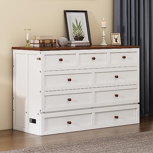 Full Murphy Bed, Full Murphy Cabinet Bed with Storage Drawers, Murphy Bed with Charging Station, Wood Murphy Bed Cabinet Bed, Murphy Bed Chest Murphy Bed Frame Wall Bed for Guest Bedroom, White+Walnut