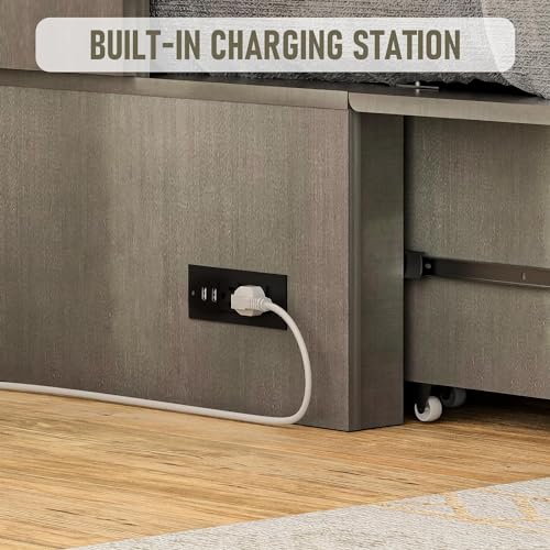 Murphy Bed Queen Cabinet, Pine Wood Murphy Bed,Queen Cabinet Bed with Mattress,Storage Drawer, USB Charging Station,14pcs Auxiliary Wheels for Living Room Apartment (Grey for Queen Size)