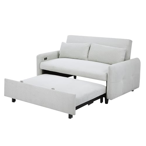 LUMISOL 4 in 1 Convertible Sofa Couch Bed, 57" Pull Out Sleeper Sofa Bed with USB Ports and Two Pillows, Modern Corduroy Fabric Loveseat Sofa Bed with Armrests for Living Room Small Space (Blue Grey)