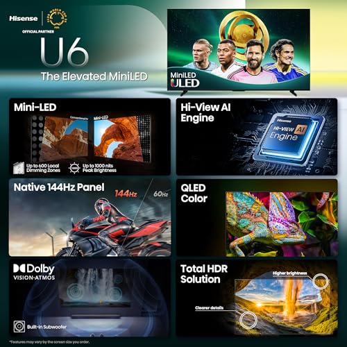 Hisense 55" Class U6 Series Mini-LED 4K UHD Smart Fire TV (55U65QF, 2025 Model) - QLED, Native 144Hz, HDR10+, Dolby Vision IQ, Dolby Atmos, Game Mode Pro, ALLM, Alexa Built in, Black