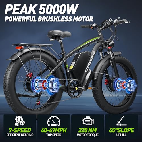 Peak 5000W 52V Dual Motor Ebike 40-47MPH 24 Inch Electric Bike for Adults 32AH Battery 100 Miles Long Range with Hydraulic Disc Brake Rear Bag Electric Bicycles Fat Tire E Bike for All Terrain