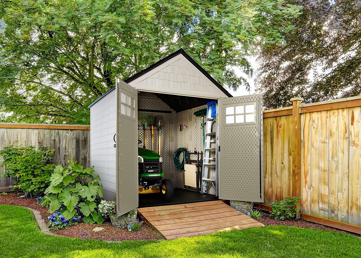 Rubbermaid Resin Outdoor Storage Shed With Floor (7 x 7 Ft), Weather Resistant, Beige/Brown, Organization for Home/Backyard/Garden Tools/Lawn Mower/Bike Storage/Pool Supplies