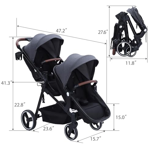 GAOMON Double Stroller Track Tandem Stroller for Infant and Toddler, Foldable Pushchair Bassinet Pram, Multi-Position Reversible & Adjustable Backrest, Large Storage Basket and Canopy, Light Gray