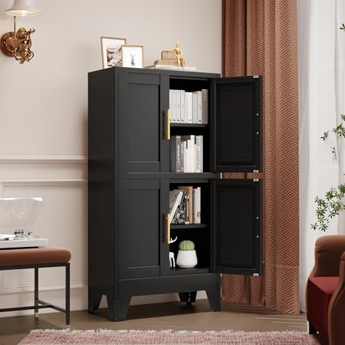 75.2" Tall Metal Pantry Cabinet, Storage Cabinets with 4 Door and 4 Adjustable Shelves, Black Kitchen Pantry Storage Cabinet, Freestanding Cupboard for Kitchen Dining Room Living Room Bathroom