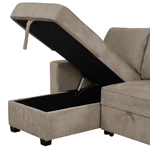 90" Pull Out Sleeper Sofa for Living Room, L-Shaped Couch Convertible Sofa Bed with Storage Chaise, Storage Racks and USB Ports, Space-Saving Design (Light Brown)