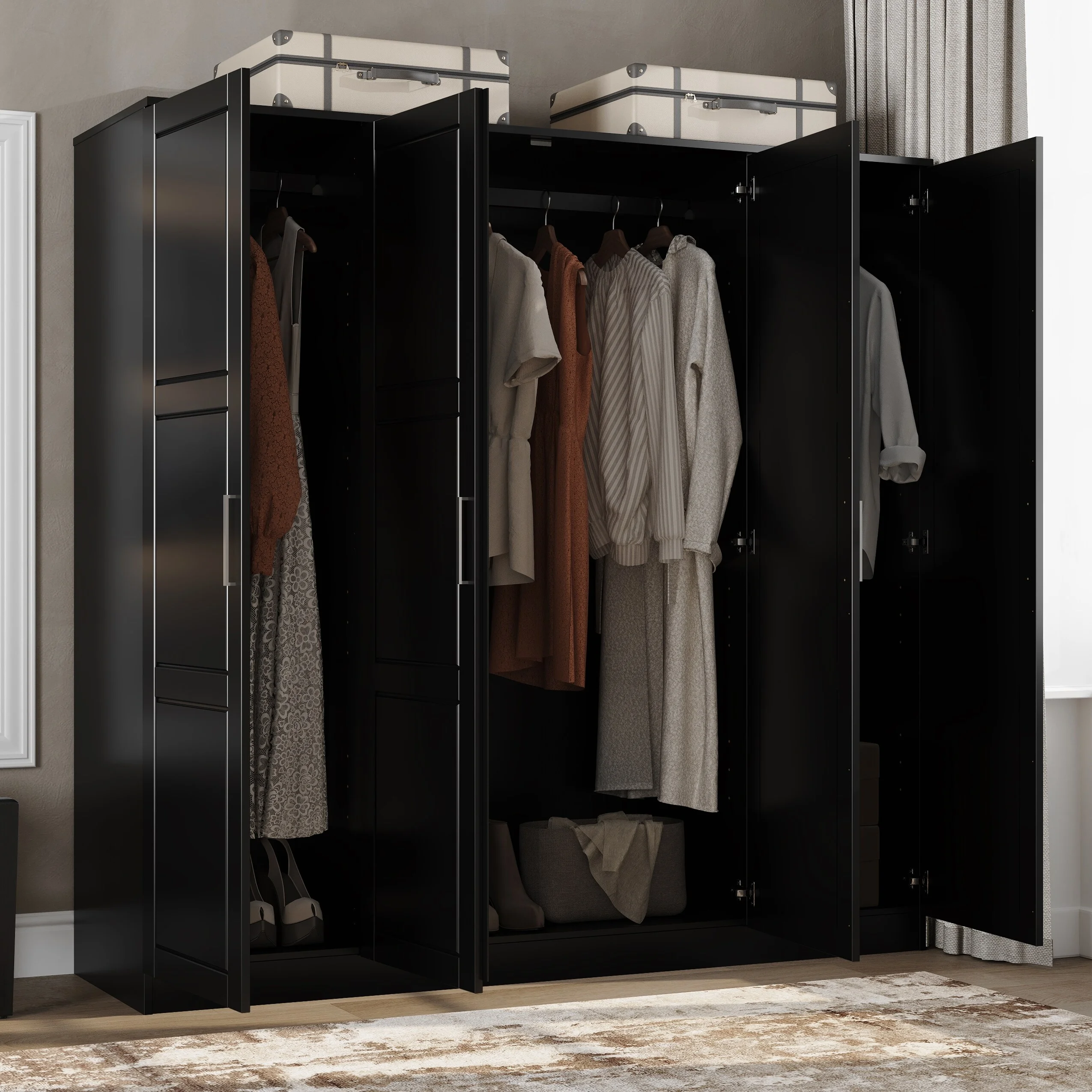 Palace Imports, Inc. 100% Solid Wood Cosmo 4-Door Wardrobe with Solid Wood or Mirrored Doors Black