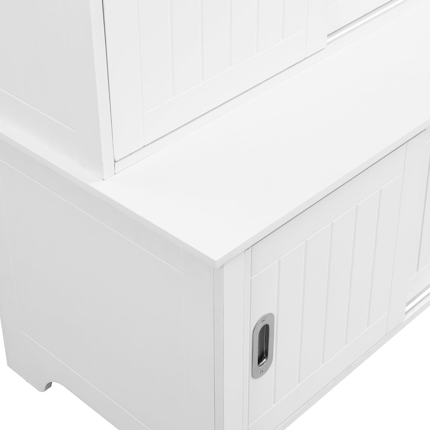 Modern Hall Tree with Bench and Shoe Storage Cabinet, Hallway Coat Rack with Sliding Doors & Adjustable Shelves for Entryway, Mudroom, Living Room, White