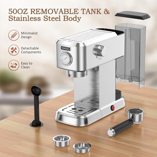Espresso Machine, 20 Bar Espresso Maker with Milk Frother Steam Wand for Latte and Cappuccino, Compact Stainless Steel Espresso Coffee Machine with 50oz Removable Water Tank for Home