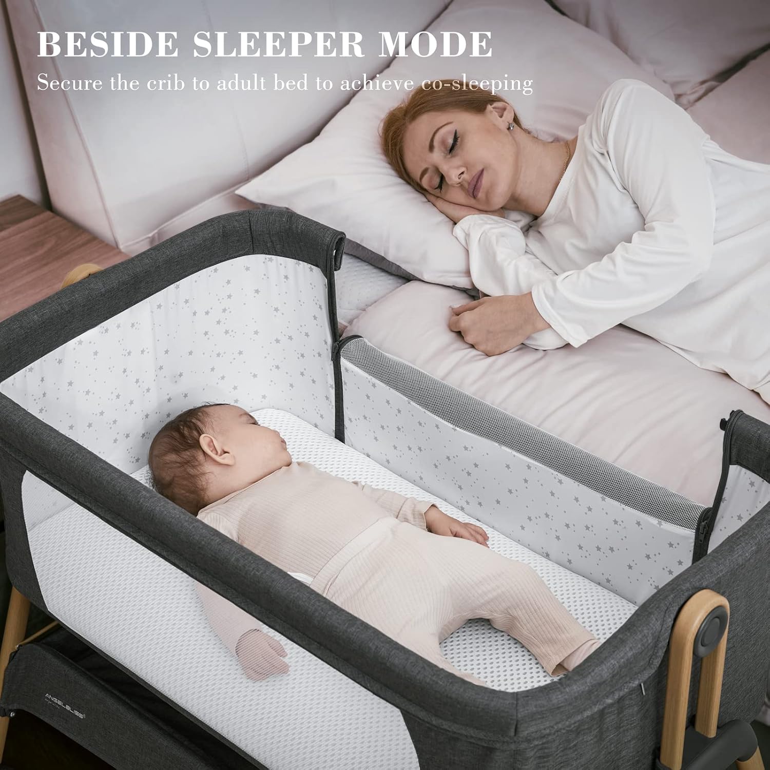 ANGELBLISS Baby Bassinet, Bedside Sleeper, Easy Folding Bedside Crib with 100% Breathable & Washable Mattress Baby Bed, 6-Level Adjustable Portable Bassinets for Safe Co-Sleeping for Newborn Infant