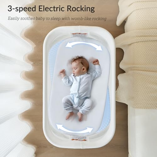 Rocking Bassinet for Baby 3 Speeds, Smart Motion Detection, Electric Bedside Sleeper with 8 Soothing Music, Auto Bedside Crib for Infant, Grey