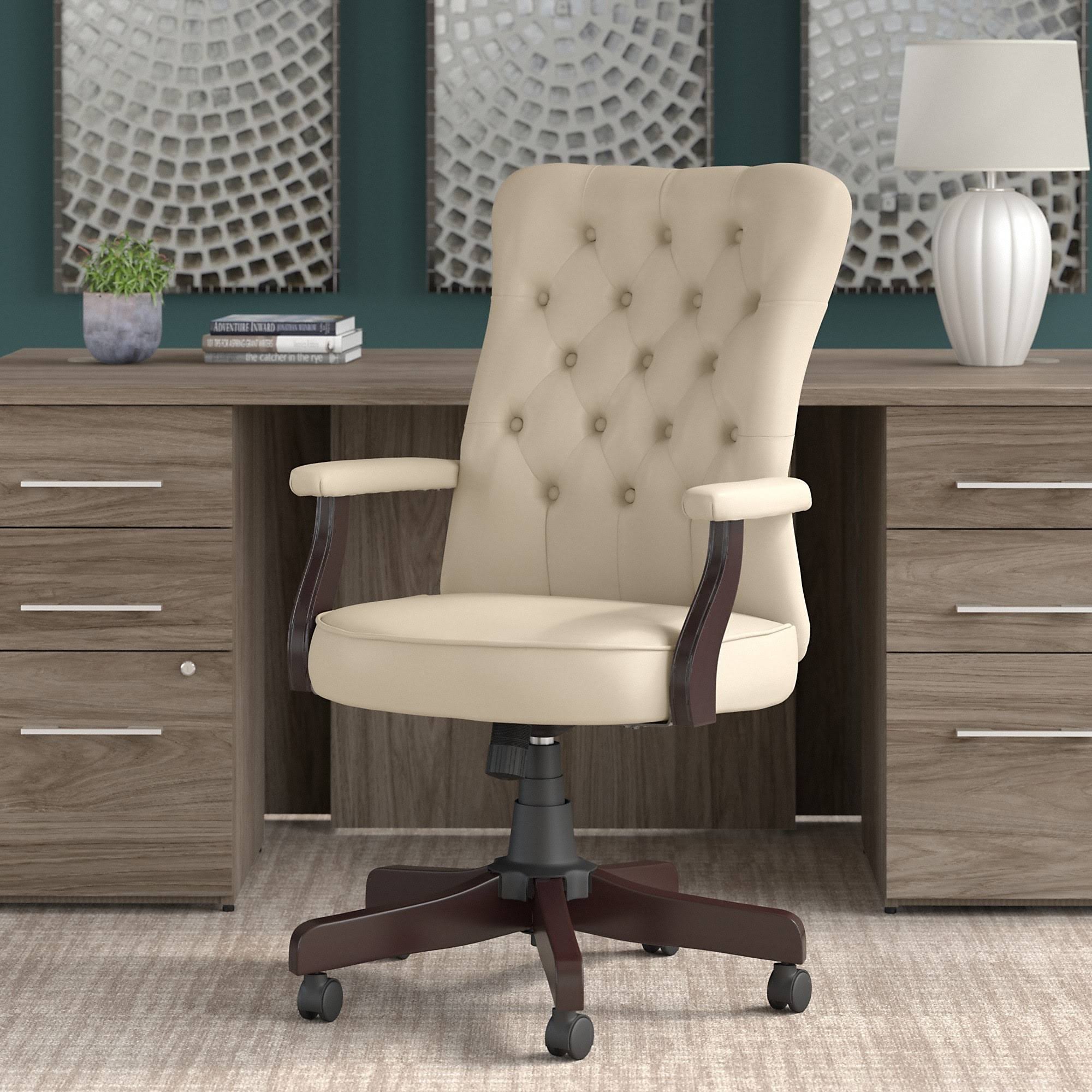 Bush Business Furniture Arden Lane High Back Tufted Office Chair with Arms - Antique White Leather