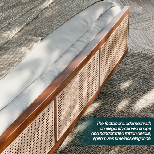 Bme Nancy Solid Acacia Wood Coffee Table for Living Room, Spacious Oval-Shaped 237 Lbs Top Capacity, Rattan Shelf Below, Mid Century, Rustic and Modern Style Living Room Furniture, Dark Chocolate