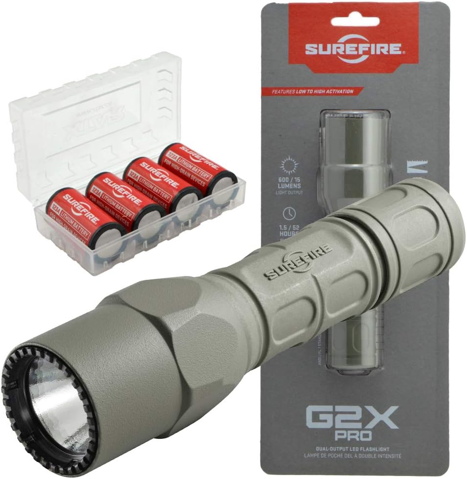 SureFire G2X Pro 600 Lumen Tactical EDC Flashlight Bundle with 4 Extra CR123A Batteries and Lightjunction Battery Case (Tan)