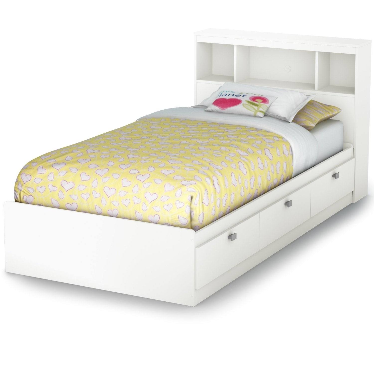 Twin Size Modern Bookcase Headboard in White Wood Finish