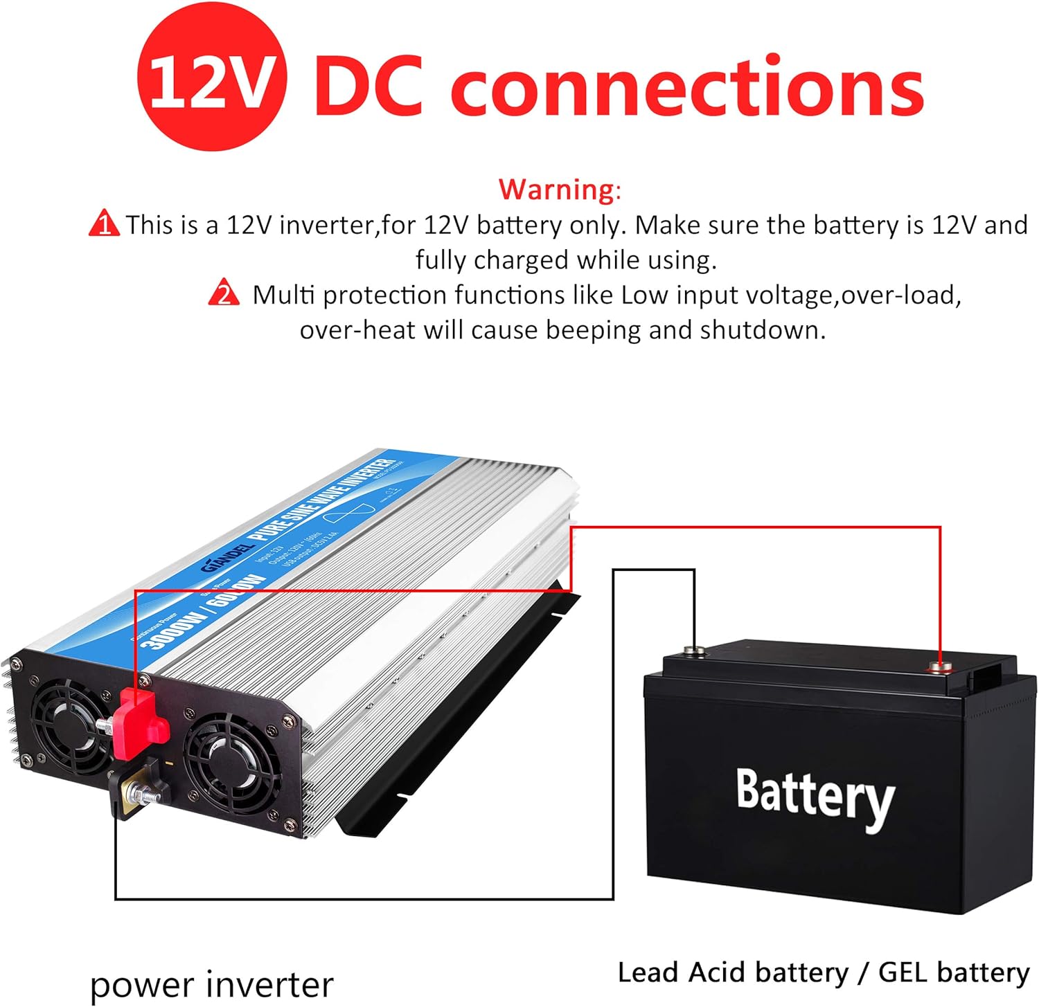 GIANDEL 2200W Pure Sine Wave Power Inverter 12V DC to 110V 120V AC with 20A Solar Charge Control and Remote Control&LED Display and Dual AC Outlets &1x2.4A USB Port for RV Truck Car Solar System