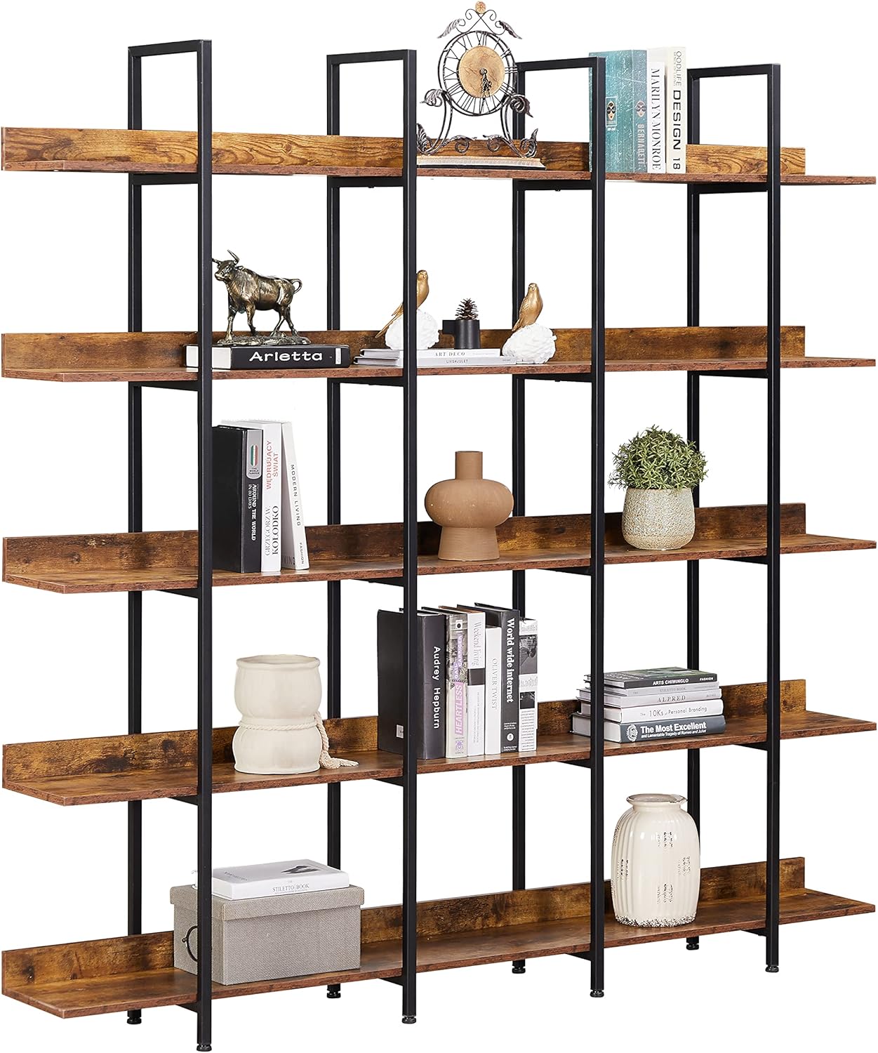 5 Tier Bookcase Home Office Open Bookshelf, Vintage Industrial Style Shelf with Metal Frame, MDF Board
