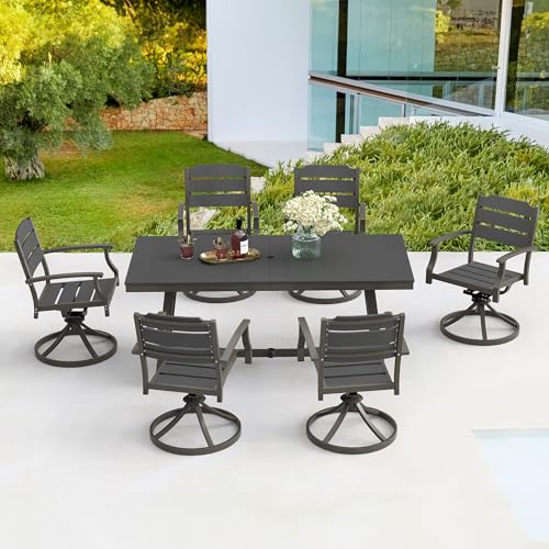 Outdoor Table and chairs Set 5Pcs,HDPS Patio Dining Set Swivel Rocking with Umbrella Hole, Aluminum Frame with HDPS Seat, Bullard Outdoor Furniture Set, brown-oil printed