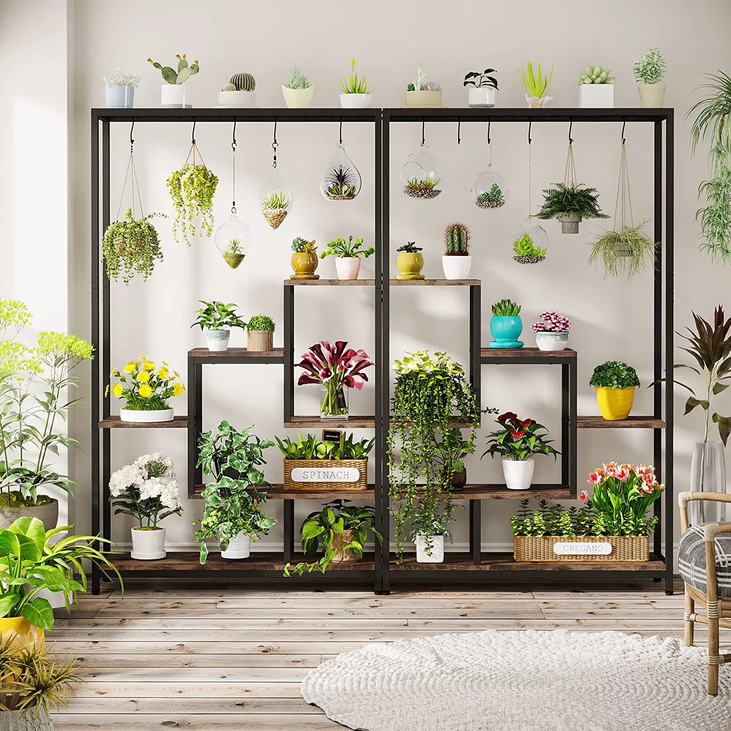 Tribesigns 5-Tier Tall Indoor Plant Stand, 70.9 inches Metal Large Plant Shelf with 10PC S Hanging Hooks, Multi-Purpose Flower Bonsai Pots Display Rack for Indoor, Garden, Balcony, Living Room