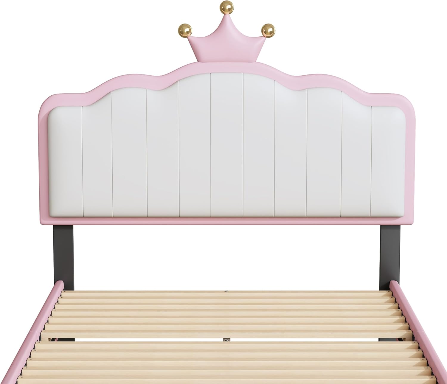 P PURLOVE Twin Upholstered Platform Bed with Light Strips and Golden Metal Legs, Wooden Platform Bed Frame with Footboard and Crown Headboard, PU Leather Princess Bed for Girls (White and Pink)