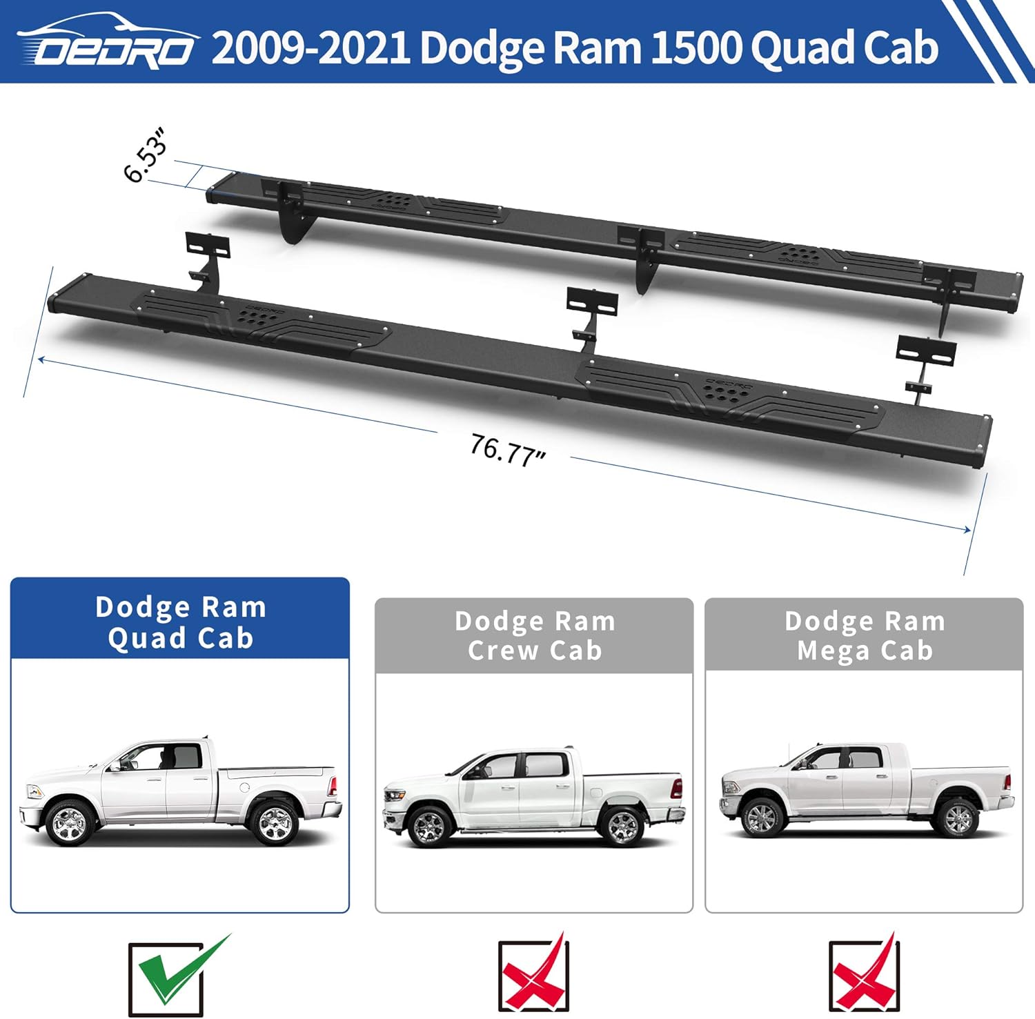 OEDRO 6.5 Running Boards Compatible with 2009-2018 Dodge Ram 1500 Quad Cab 2019-2022 Ram 1500 Classic, 2010-2022 2500/3500, Aluminum Side Steps Nerf Bars for More Fuel Efficiency, Black Textured