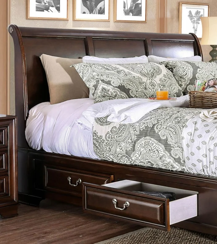 Elegance 3pc Bedroom Furniture Set Transitional Solid wood Queen Size Bed 2x Nightstands w USB Brown Cherry Storage Bed Drawers