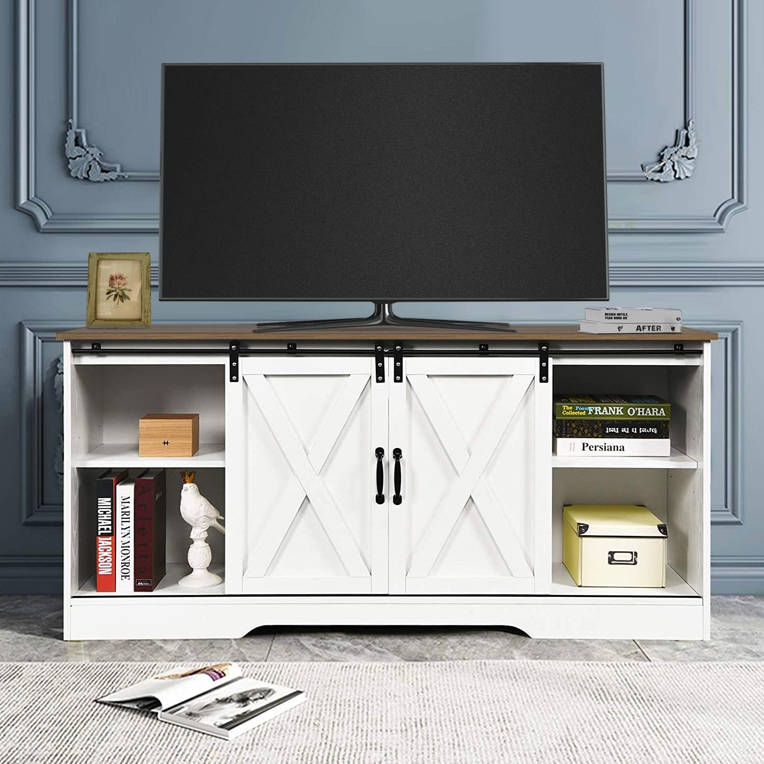Farmhouse TV Stand for 65+ inch TV with Sliding Barn Door Entertainment Center with Storage for Living Room, Modern Console Storage Cabinet, Adjustable Shelves, Espresso