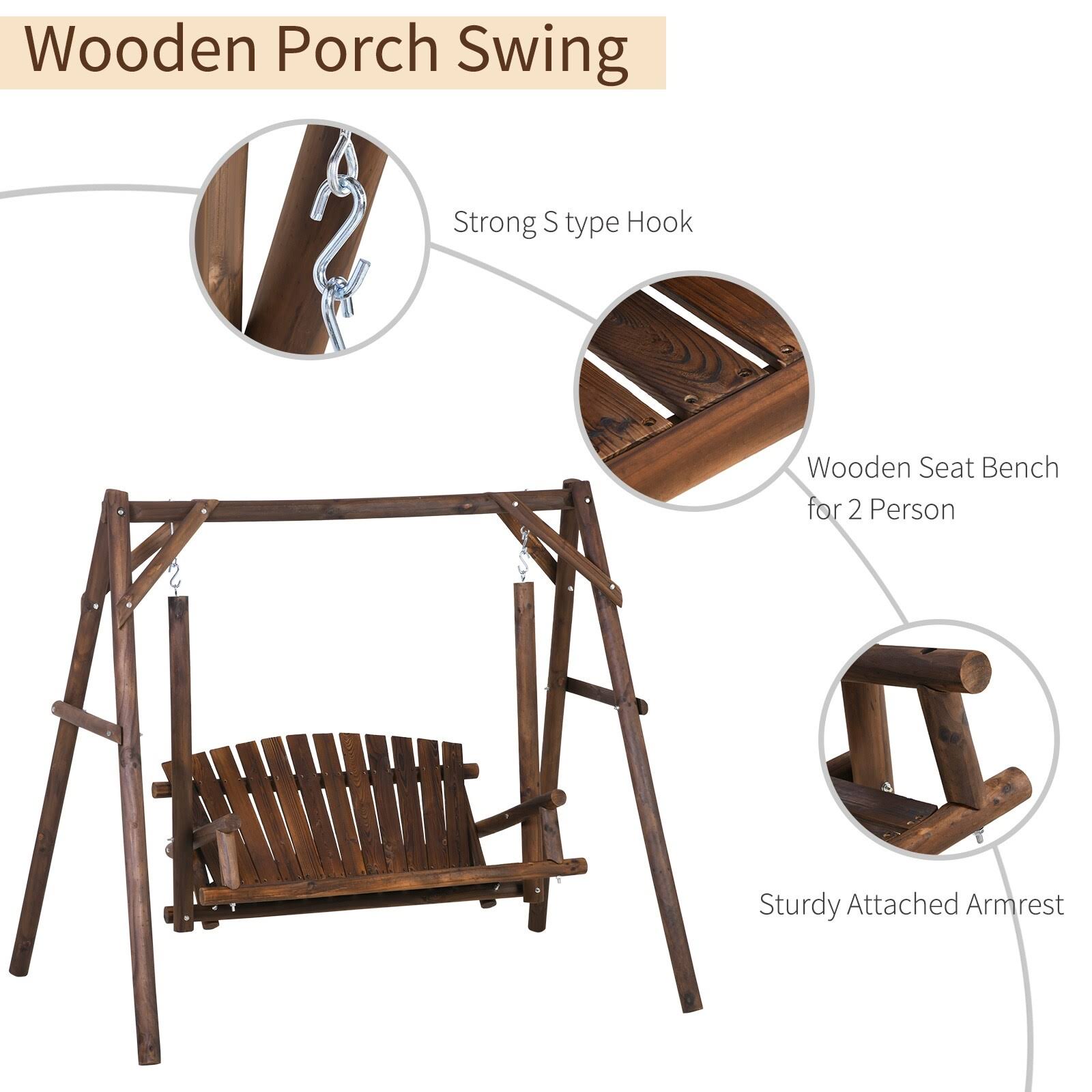 Outsunny 6.5& Outdoor Rustic Loveseat 2 Person Freestanding Solid Wood Natural Log Garden Swing - Carbonized