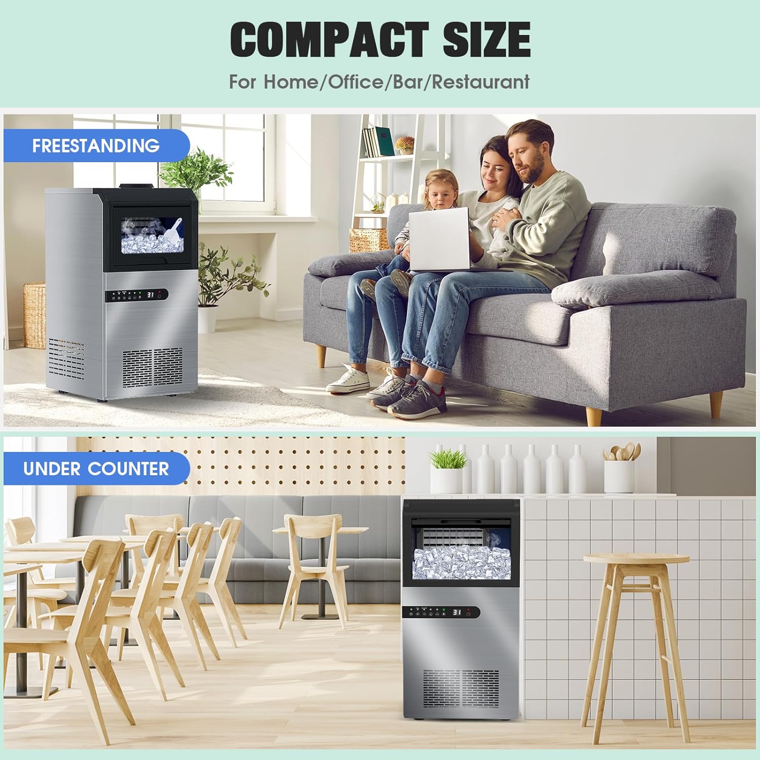 Commercial Ice Maker Machine 100Lbs/24H, Under Counter Ice Maker with Large Storage Bin, 2 Way Water Inlet, 45 Ice Cubes, Tap Water & Top Loading Freestanding Ice Machine for Home, Office, Bars