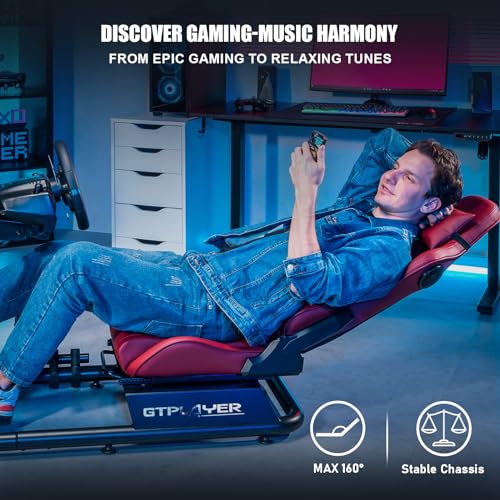 GTPLAYER Racing Simulator Cockpit with Seat and Bluetooth Speakers, Racing Style Reclining Seat and Ultra-Sturdy Alloy Steel Frame, A/B Box (Blue)