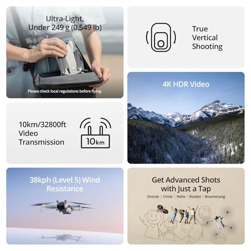 DJI Mini 3 (DJI RC), Lightweight 3x Mechanical Gimbal Drones with Camera for Adults 4K, 38-min Flight Time, up to 32800ft (10km) Video Transmission, Vertical Shooting, GPS Auto Return Integrated