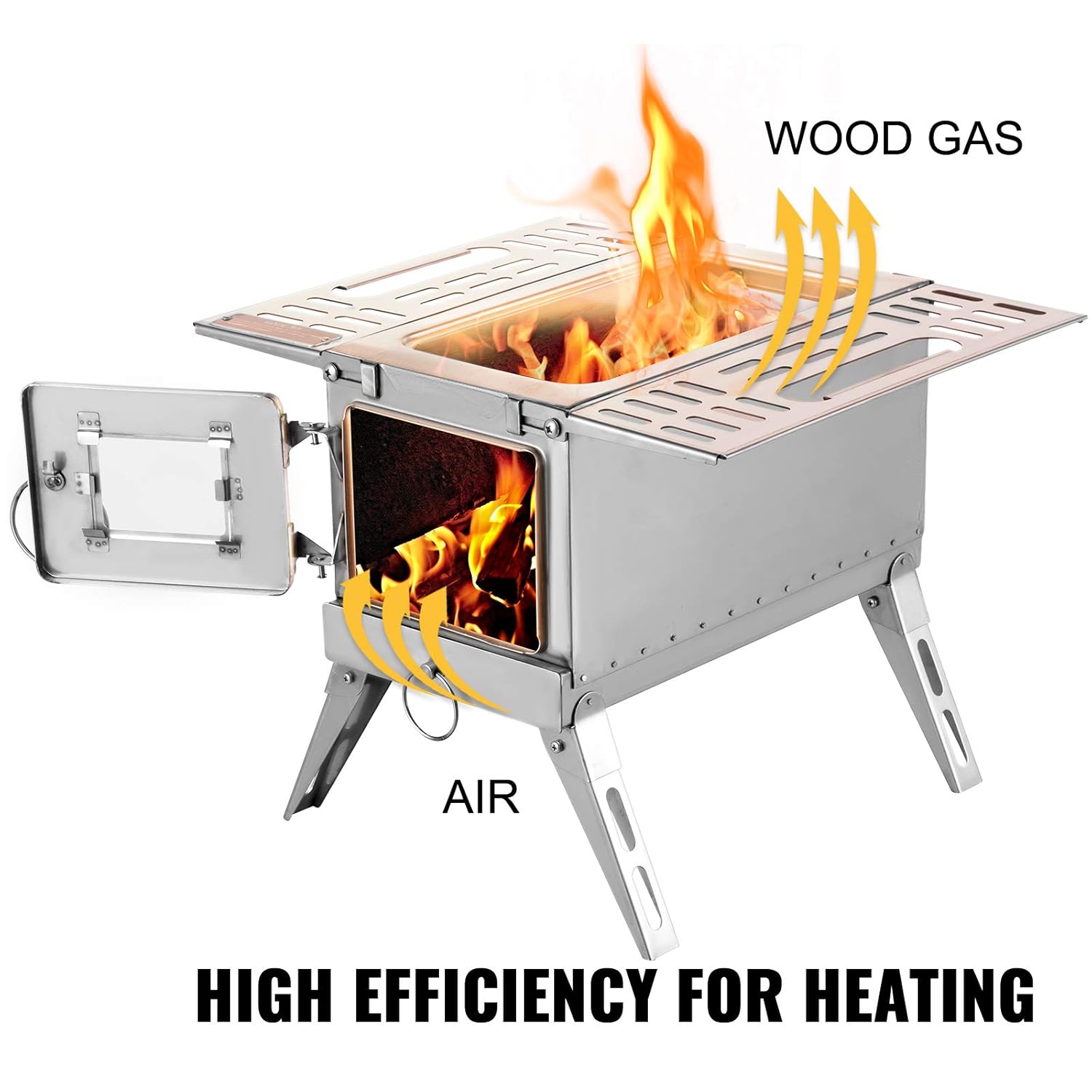 Happybuy Tent Wood Stove 18.3x15x14.17 inch, Camping Wood Stove 304 Stainless Steel With Folding Pipe, Portable Wood Stove 90.6 inch Total Height For Camping, Tent Heating, Hunting, Outdoor Cooking