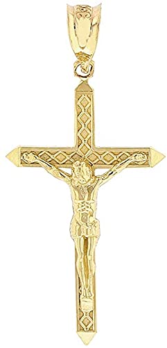14K Yellow Gold 1-1/4" Crucifix Passion of Christ Cross Pendant Necklace - Choice of Rolo Chain Length or Charm Only