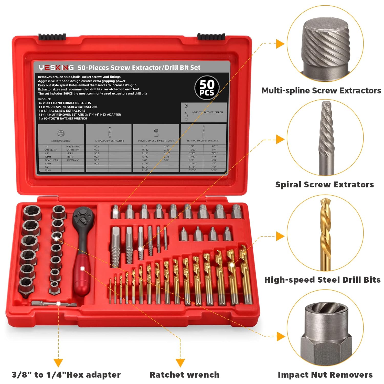 YESKING 50-Piece Screw Extractor and Drill Bit Set, Multi-Spline Extractors, Bolt extractors, Drill Bits and Stripped Nut Remover for Removing Broken Studs, Bolts, Socket Screws, and Fittings