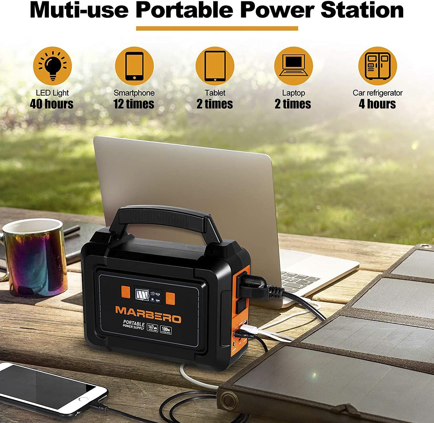 MARBERO 167Wh Portable Power Station, 45000mAh Solar Generators Lithium Battery Power Supply with 110V AC Outlet, 2 DC Ports, 4 USB Ports, LED Flashlights for CPAP Home Camping Emergency Backup
