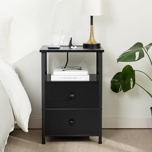 AMHANCIBLE Night Stand Set 2, Nightstand with Charging Station, End Tables Living Room with USB Ports and Outlets, Bedside Tables with Fabric Drawers for Bedroom, Dark Grey HET05XDG