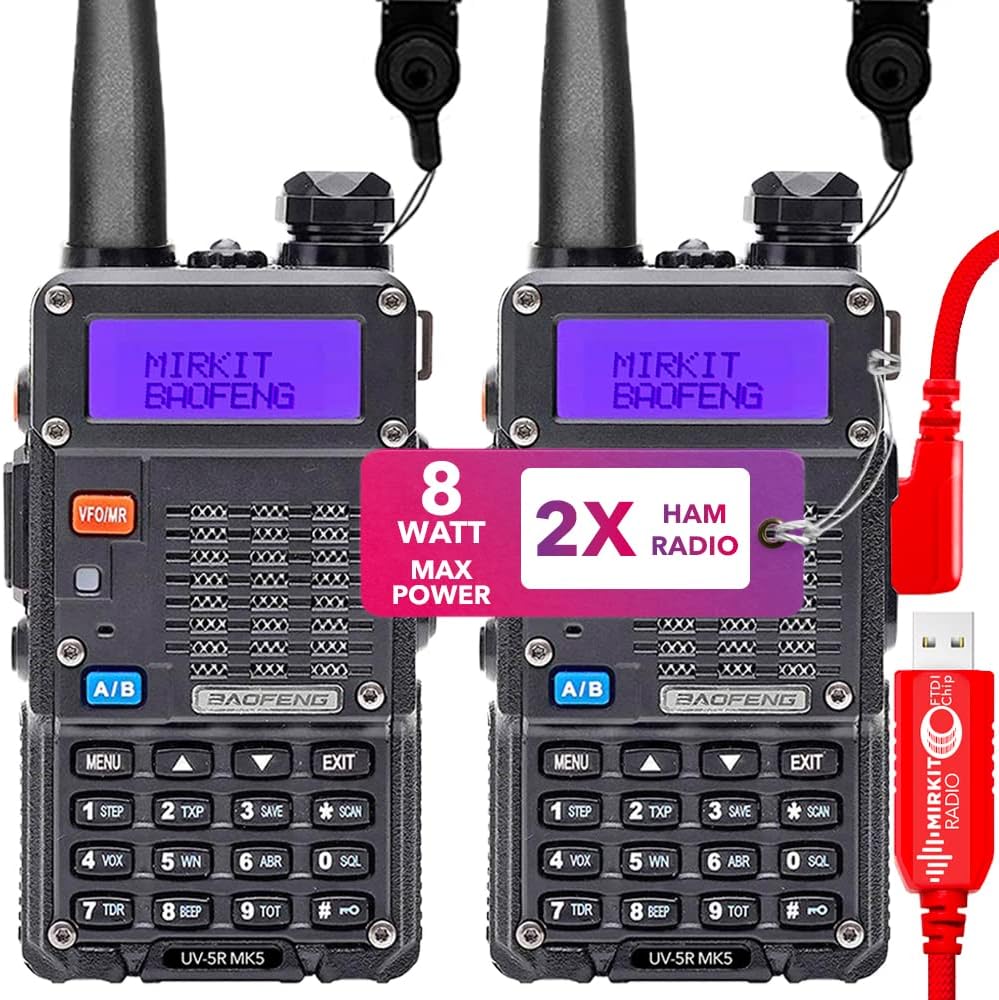 Mirkit 2X Ham Radios Baofeng UV-5R MK5 8 Watt Max Power with Mirkit Lanyards for Your Walkie Talkie - 1800 mAh Battery and Baofeng Programming Cable Compatible with UV-5R, Baofeng BF-F8HP, bf 888s