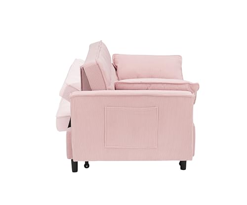 Pull-Out Corduroy Sofa Bed, 3-in-1 Convertible Sleeper Chair Couch Bed, Love seat Chaise Lounge with Side Pockets for Living Room, Bedroom, Office (Beige)
