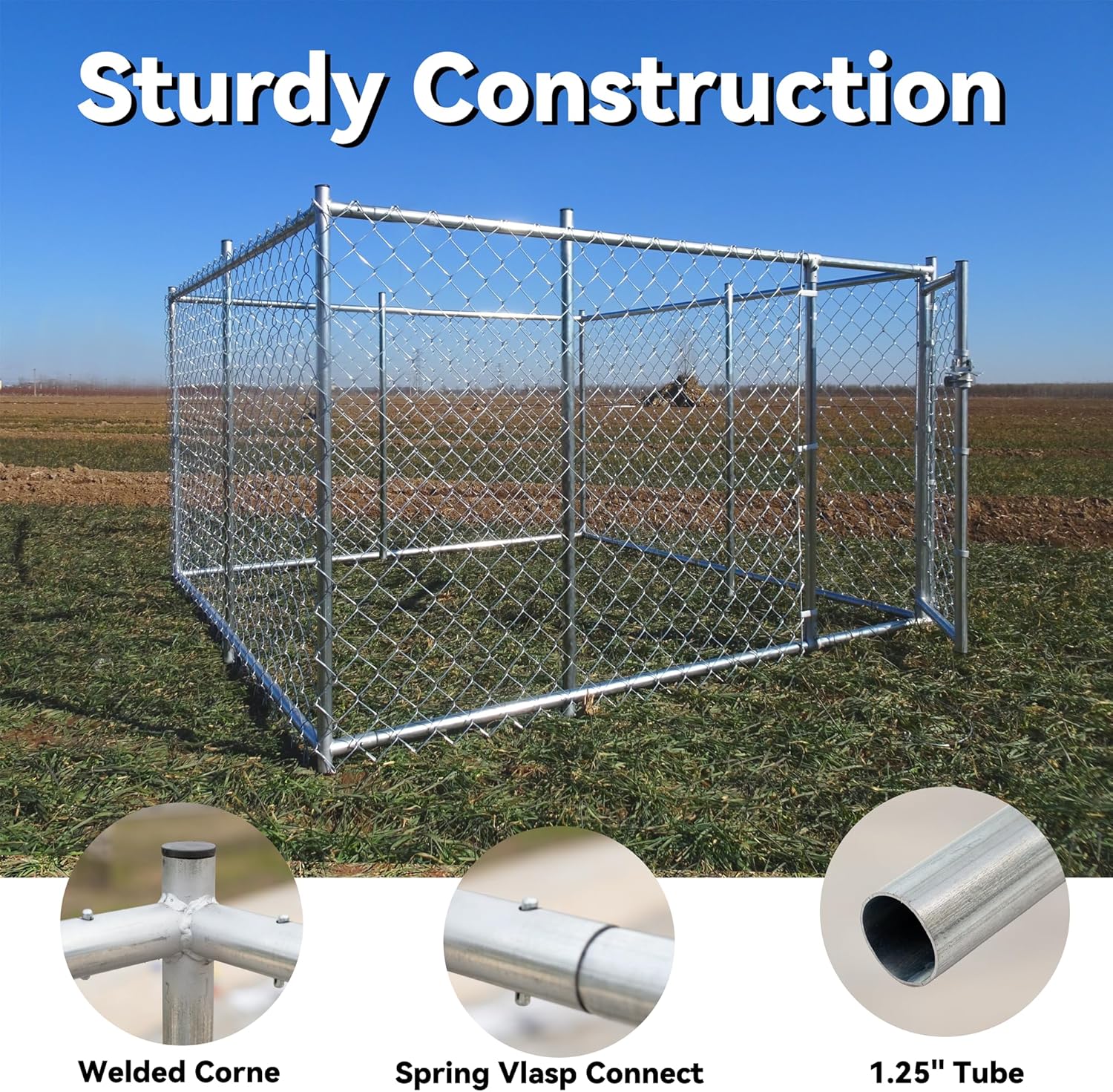 10x10x6 Large Dog Kennel Outdoor, Heavy Duty Dog Cage with Secure Lock,Square Dog Pen Run,Galvanized Chain Link Dog Crate Metal Dog Pen Enclosure House for Backyard Farm(10'Lx10'Wx6'H)