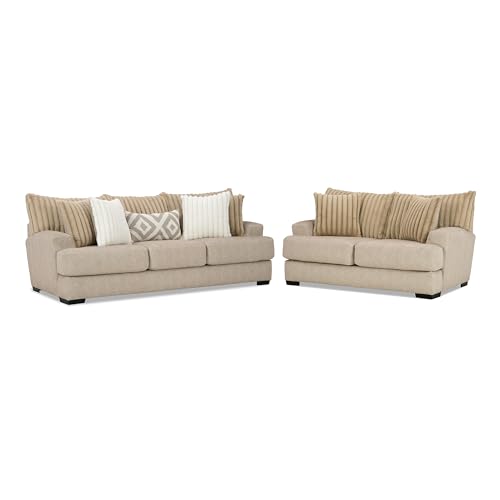 Furniture of America Lola Chenille 3-Piece Sofa Set with Square Patterned Ottoman, Ultra Soft Back Cushions and Accent Pillows with Channel Tufting for Living Room, Home Office, Light Brown
