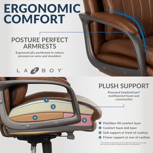 La-Z-Boy Nova Vegan Leather Modern Executive Ergonomic Design Office Chair, Memory Foam Thick Contoured Seat Back with Patented Lumbar Support Technology, Soft to Medium Sit Comfort, Black